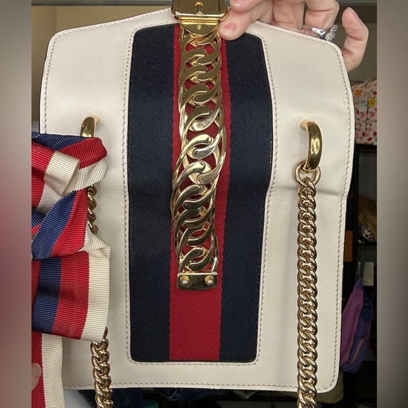 Gucci Sylvie Mini Shoulder Bag White Leather Web Stripe Ribbon Chain 2018 COA - Picture 8 of 13
